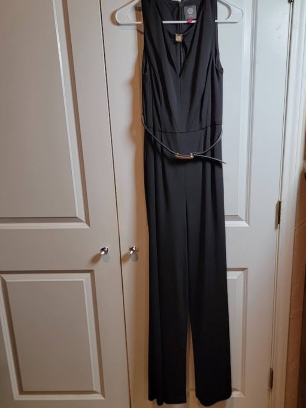 Vince Camuto Black Sleeveless Wide Leg Jumpsuit Rhinestone Belt Size 4